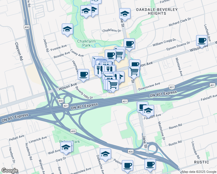 map of restaurants, bars, coffee shops, grocery stores, and more near 40 Beverly Hills Drive in Toronto