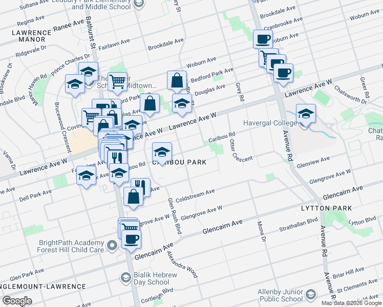 map of restaurants, bars, coffee shops, grocery stores, and more near 119 Caribou Road in Toronto