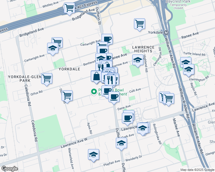 map of restaurants, bars, coffee shops, grocery stores, and more near in Toronto