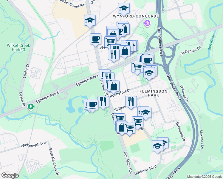 map of restaurants, bars, coffee shops, grocery stores, and more near 789 Don Mills Road in Toronto