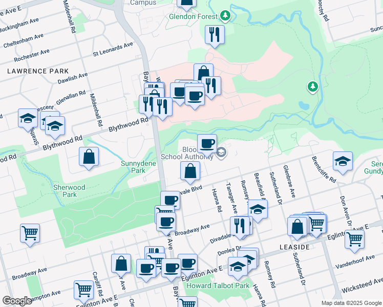 map of restaurants, bars, coffee shops, grocery stores, and more near 21 Burkebrook Place in Toronto
