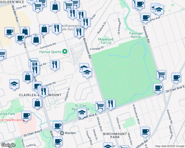map of restaurants, bars, coffee shops, grocery stores, and more near in Toronto