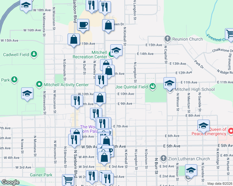 map of restaurants, bars, coffee shops, grocery stores, and more near 212 East 10th Avenue in Mitchell