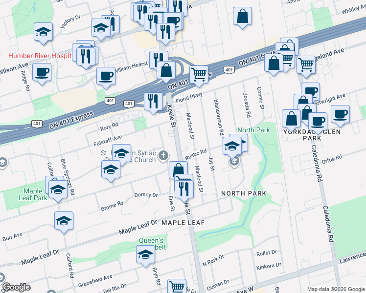 map of restaurants, bars, coffee shops, grocery stores, and more near 2597 Keele Street in Toronto