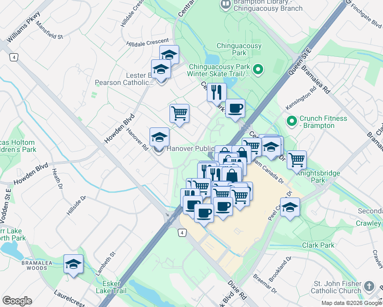 map of restaurants, bars, coffee shops, grocery stores, and more near 24 Hanover Road in Brampton