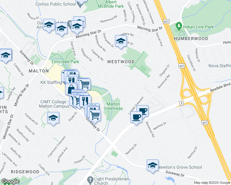 map of restaurants, bars, coffee shops, grocery stores, and more near 7110 Darcel Avenue in Mississauga