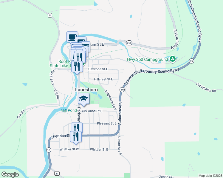 map of restaurants, bars, coffee shops, grocery stores, and more near 407 Johnson Drive in Lanesboro