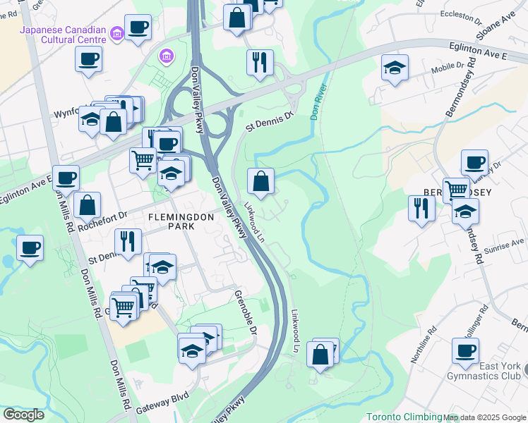 map of restaurants, bars, coffee shops, grocery stores, and more near Edgecliff Golfway in Toronto