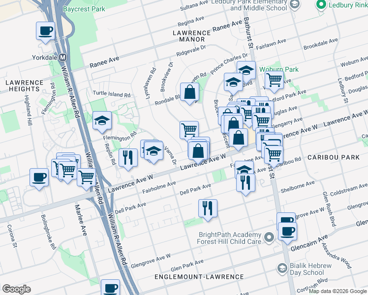 map of restaurants, bars, coffee shops, grocery stores, and more near in Toronto