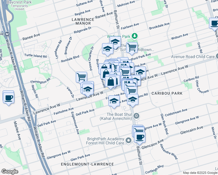 map of restaurants, bars, coffee shops, grocery stores, and more near 534 Lawrence Avenue West in Toronto