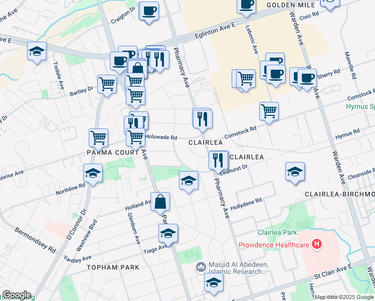 map of restaurants, bars, coffee shops, grocery stores, and more near 24 Kingswell Crescent in Toronto