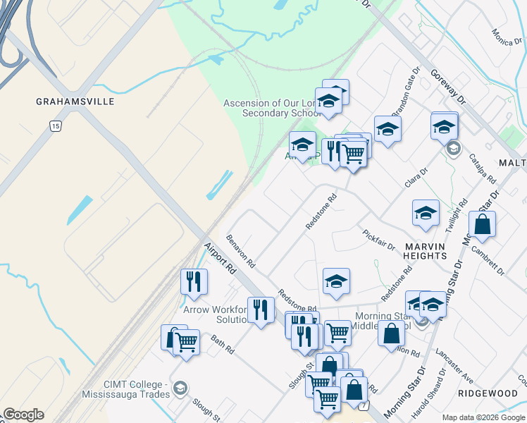 map of restaurants, bars, coffee shops, grocery stores, and more near 7776 Benavon Road in Mississauga