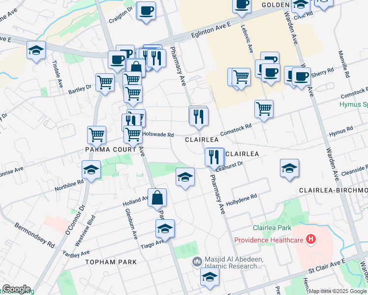 map of restaurants, bars, coffee shops, grocery stores, and more near 24 Kingswell Crescent in Toronto