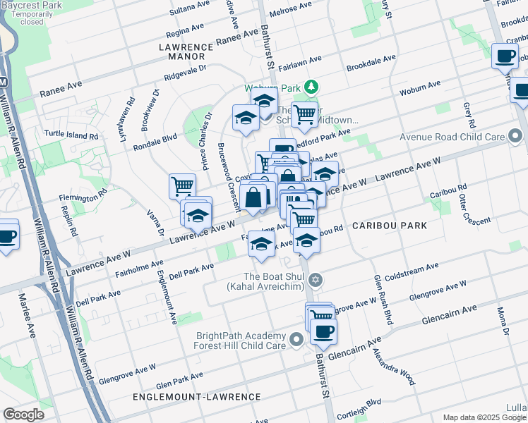 map of restaurants, bars, coffee shops, grocery stores, and more near 508 Lawrence Avenue West in Toronto