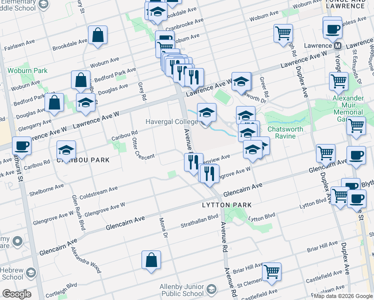 map of restaurants, bars, coffee shops, grocery stores, and more near in Toronto