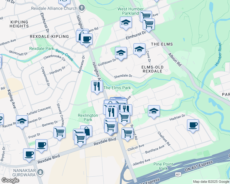 map of restaurants, bars, coffee shops, grocery stores, and more near in Toronto