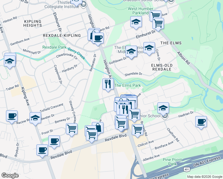 map of restaurants, bars, coffee shops, grocery stores, and more near in Toronto