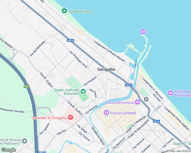 map of restaurants, bars, coffee shops, grocery stores, and more near 51A Via Giuseppe Verdi in Senigallia