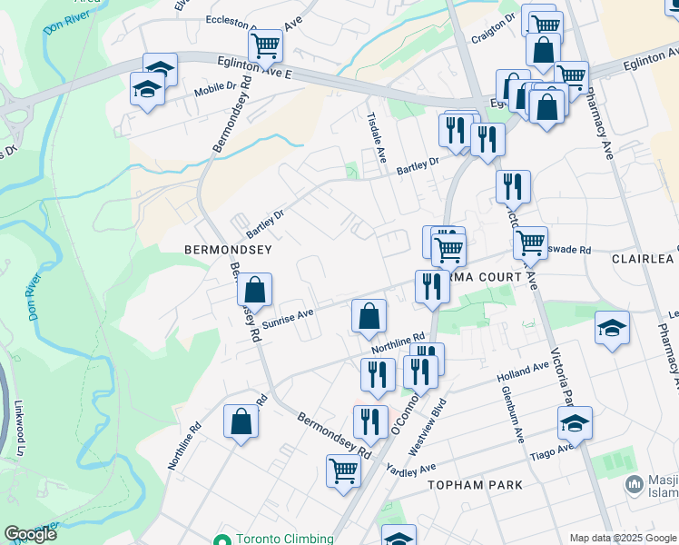 map of restaurants, bars, coffee shops, grocery stores, and more near in Toronto