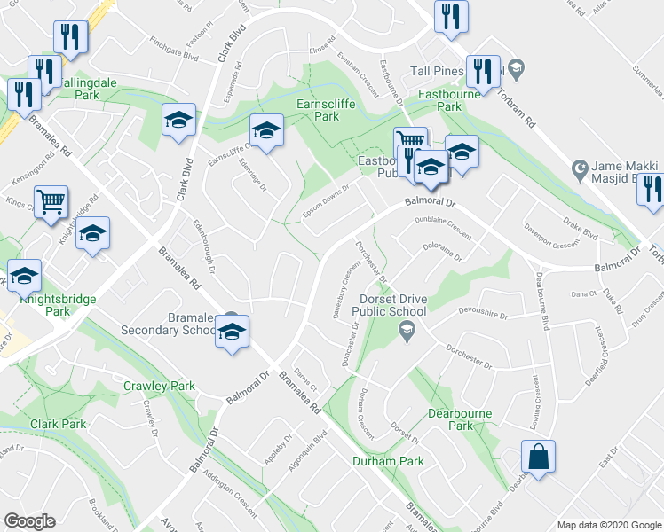 map of restaurants, bars, coffee shops, grocery stores, and more near 663 Balmoral Drive in Brampton