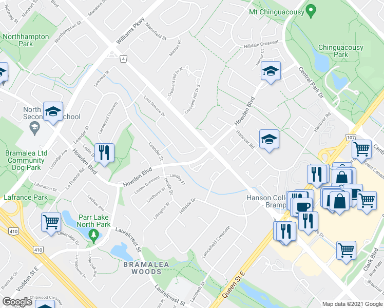 map of restaurants, bars, coffee shops, grocery stores, and more near 92 Lord Simcoe Drive in Brampton
