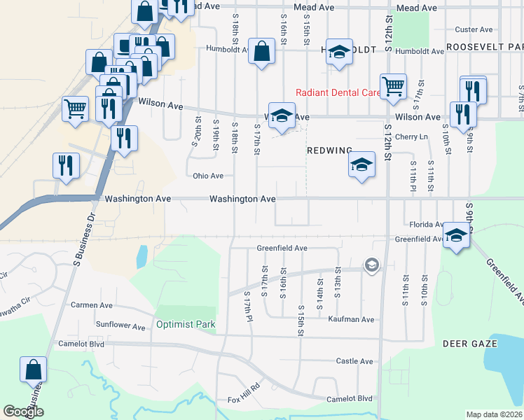 map of restaurants, bars, coffee shops, grocery stores, and more near 3417 S 17th St in Sheboygan