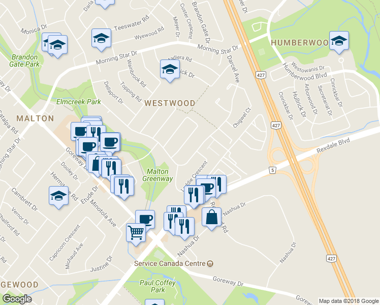 map of restaurants, bars, coffee shops, grocery stores, and more near 7021 Darcel Avenue in Mississauga