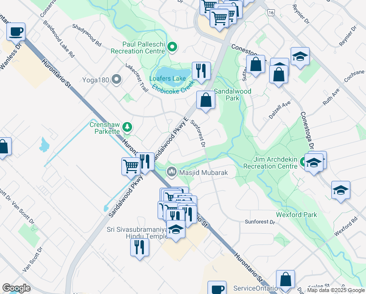 map of restaurants, bars, coffee shops, grocery stores, and more near 51 Townley Crescent in Brampton