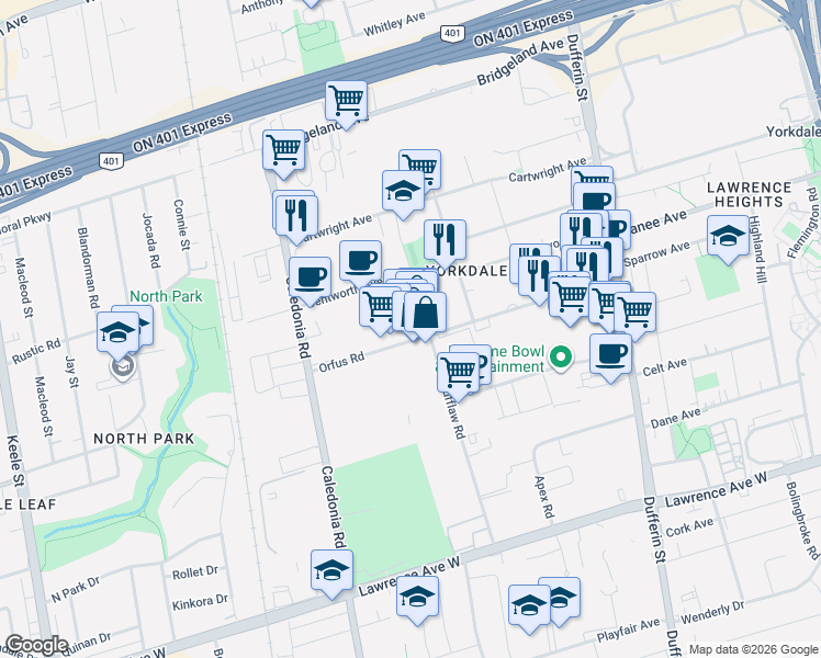 map of restaurants, bars, coffee shops, grocery stores, and more near 94 Orfus Road in Toronto