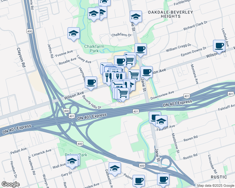 map of restaurants, bars, coffee shops, grocery stores, and more near 40 Beverly Hills Drive in Toronto
