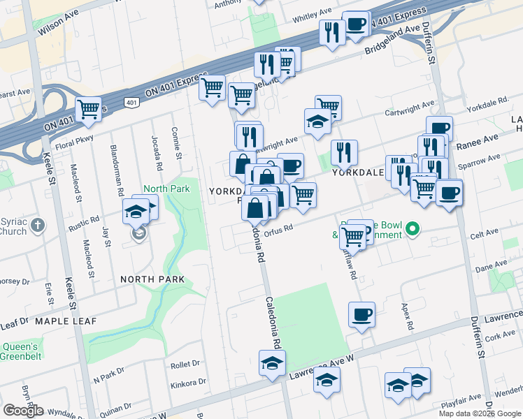 map of restaurants, bars, coffee shops, grocery stores, and more near 1211 Caledonia Road in Toronto
