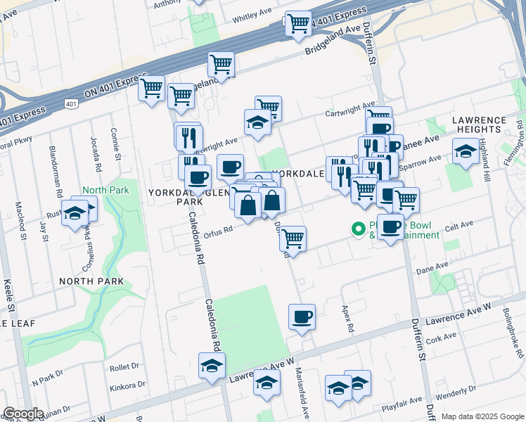 map of restaurants, bars, coffee shops, grocery stores, and more near 94 Orfus Road in Toronto