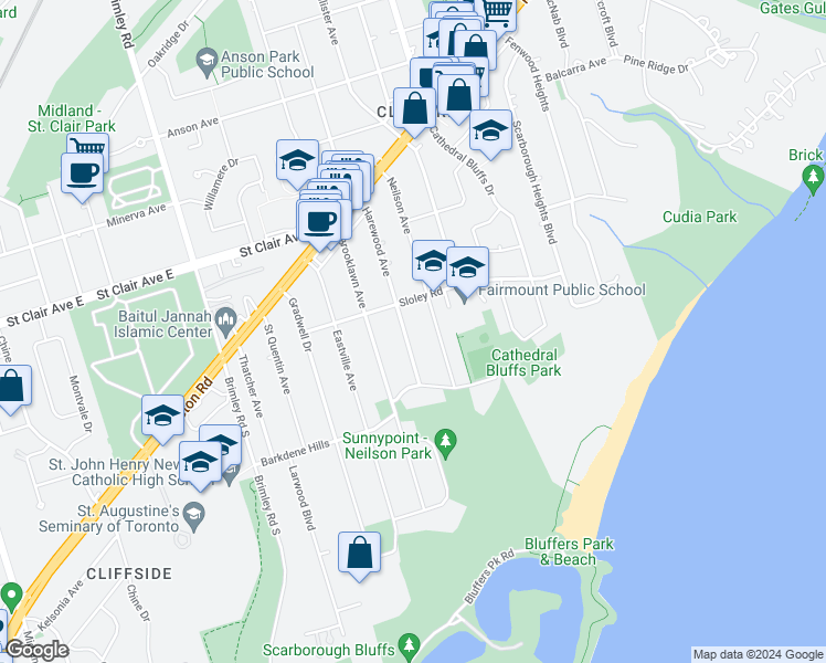 map of restaurants, bars, coffee shops, grocery stores, and more near 33 Harewood Avenue in Toronto