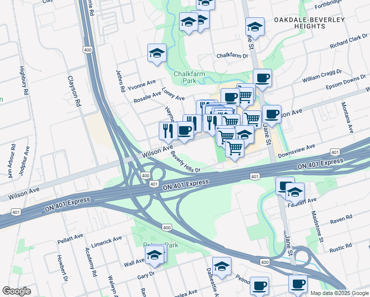 map of restaurants, bars, coffee shops, grocery stores, and more near 1677 Wilson Avenue in Toronto