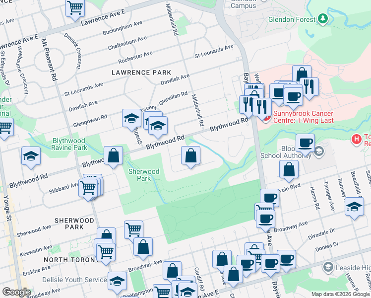 map of restaurants, bars, coffee shops, grocery stores, and more near 10 Blyth Dale Road in Toronto