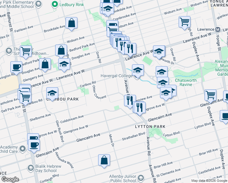 map of restaurants, bars, coffee shops, grocery stores, and more near in Toronto