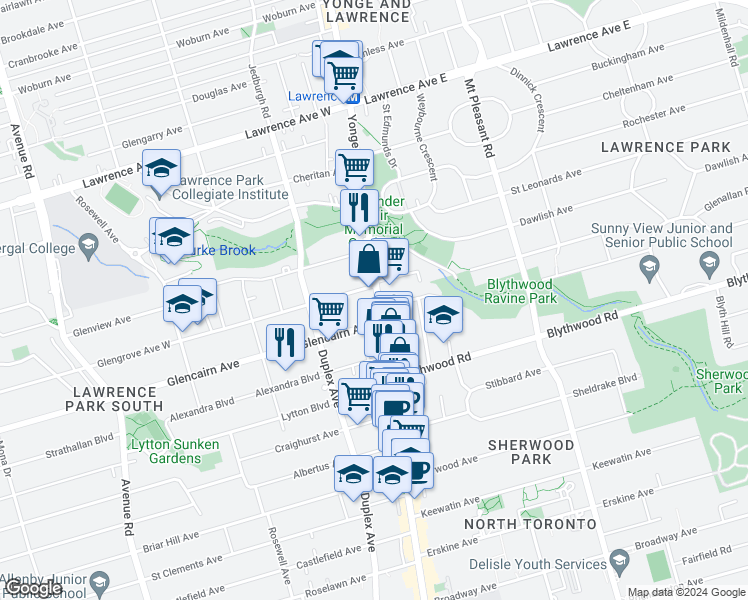 map of restaurants, bars, coffee shops, grocery stores, and more near 2780a Yonge Street in Toronto