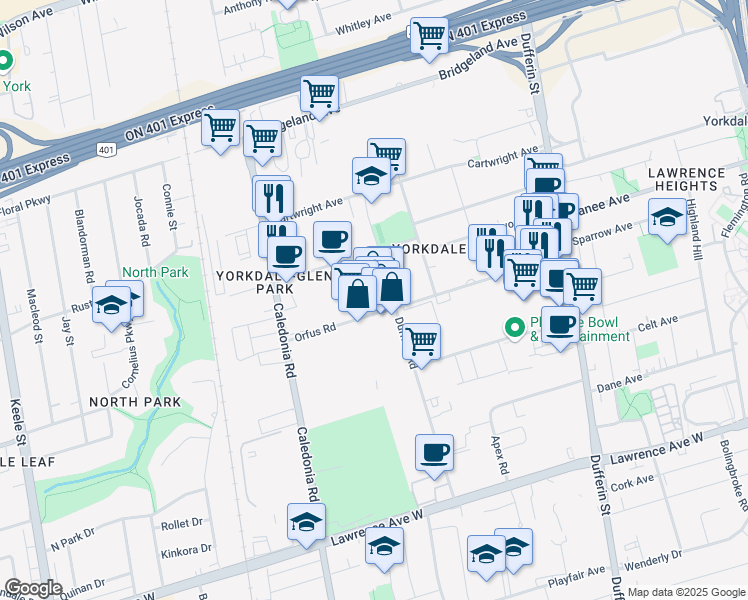 map of restaurants, bars, coffee shops, grocery stores, and more near 88 Orfus Road in Toronto
