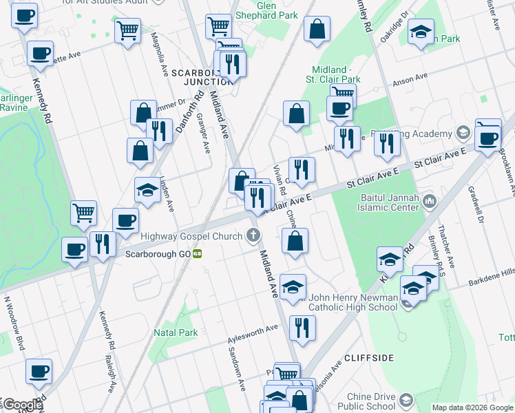 map of restaurants, bars, coffee shops, grocery stores, and more near 3650 Saint Clair Avenue East in Toronto