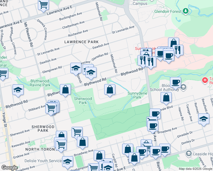 map of restaurants, bars, coffee shops, grocery stores, and more near in Toronto