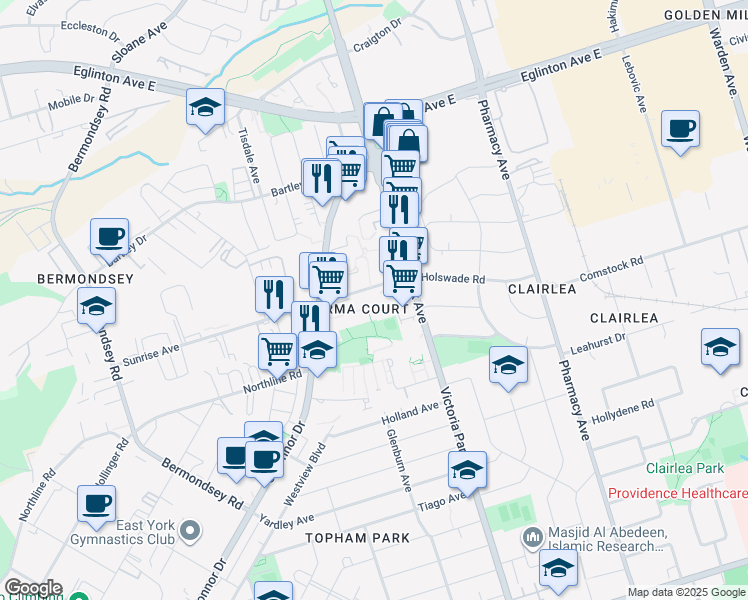 map of restaurants, bars, coffee shops, grocery stores, and more near 25 Sunrise Avenue in Toronto