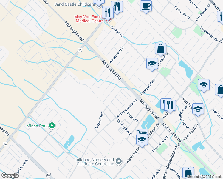 map of restaurants, bars, coffee shops, grocery stores, and more near 27 Dolobram Trail in Brampton