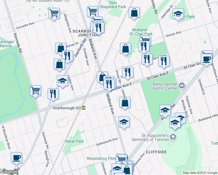 map of restaurants, bars, coffee shops, grocery stores, and more near 3652 Saint Clair Avenue East in Toronto