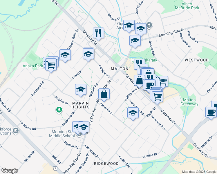 map of restaurants, bars, coffee shops, grocery stores, and more near 3362 Morning Star Drive in Mississauga