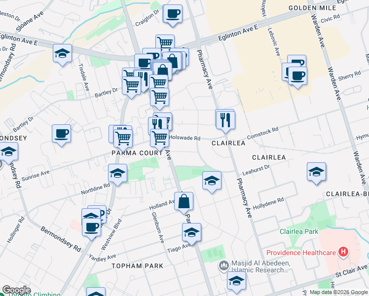 map of restaurants, bars, coffee shops, grocery stores, and more near in Toronto