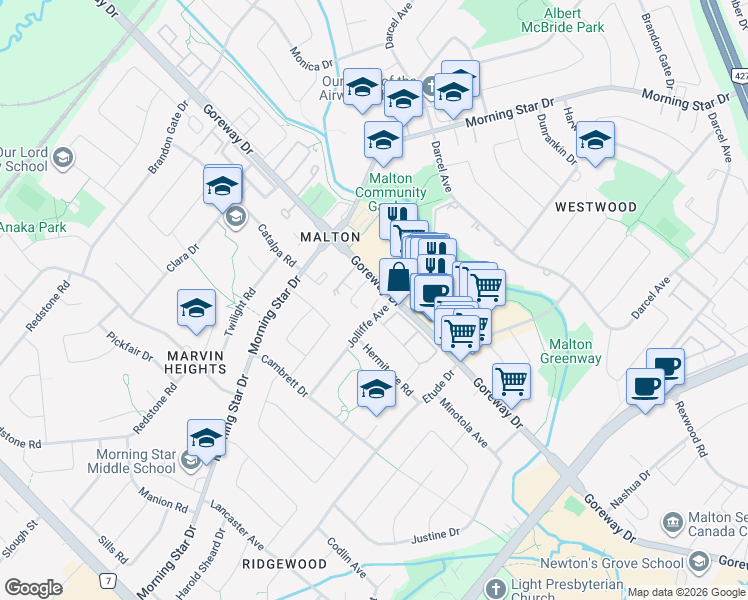 map of restaurants, bars, coffee shops, grocery stores, and more near 3435 Jolliffe Avenue in Mississauga