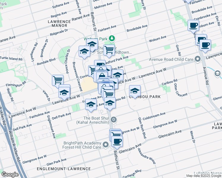 map of restaurants, bars, coffee shops, grocery stores, and more near 491 Lawrence Avenue West in Toronto