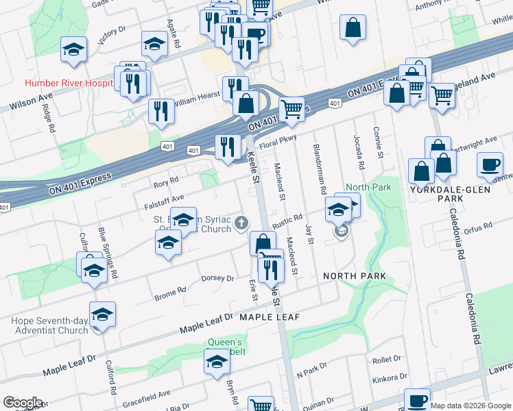 map of restaurants, bars, coffee shops, grocery stores, and more near 2616 Keele Street in Toronto