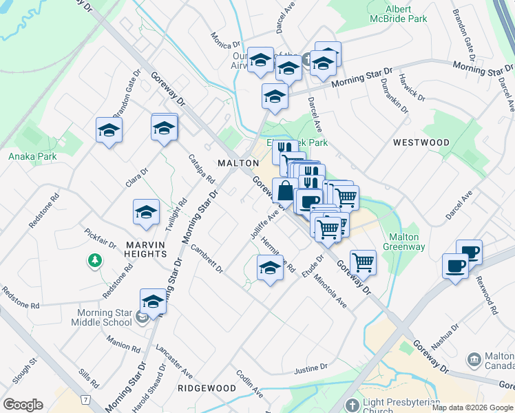 map of restaurants, bars, coffee shops, grocery stores, and more near 7318 Goreway Drive in Mississauga