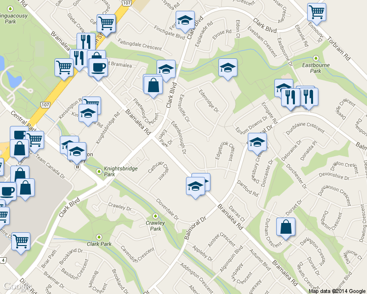 map of restaurants, bars, coffee shops, grocery stores, and more near 35 Edenborough Drive in Brampton